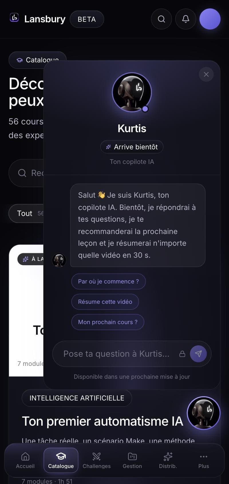 Le panneau de Kurtis dans l'application Lansbury